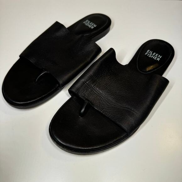 Eileen Fisher Black Leather Toe Ring Slides Sandals 6.5 Vero Cuoio Minimalist - Picture 1 of 6